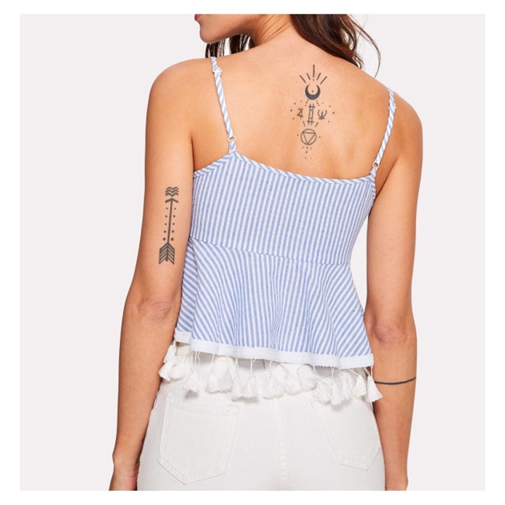 Blue White Striped Tassels Peplum Cami Top - Picture 2 of 4
